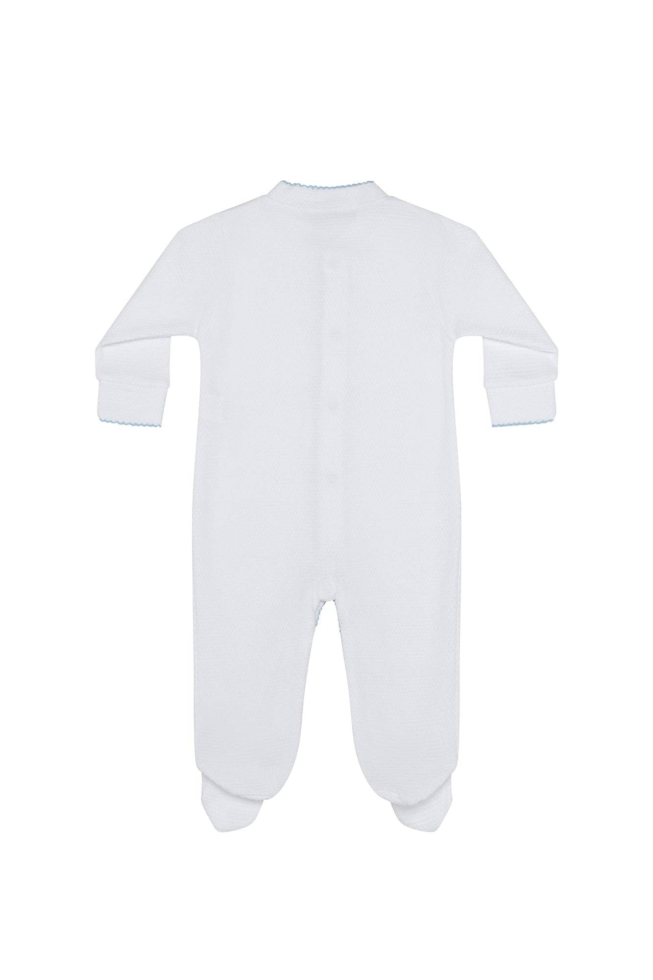 White Bubble Baby Footie: Pink Picot Trim