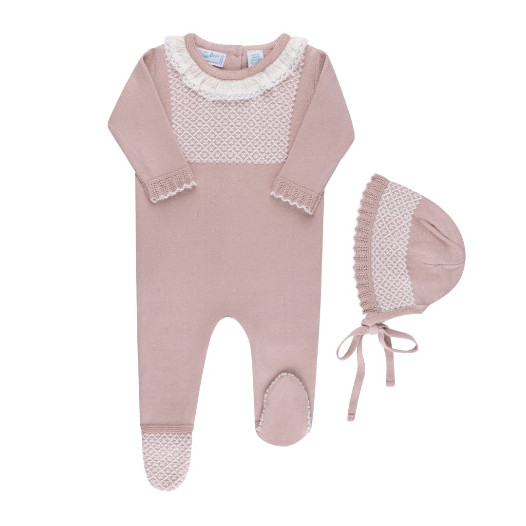 Girls Jacquard Ruffled Knit Romper Footie & Bonnet: Pink