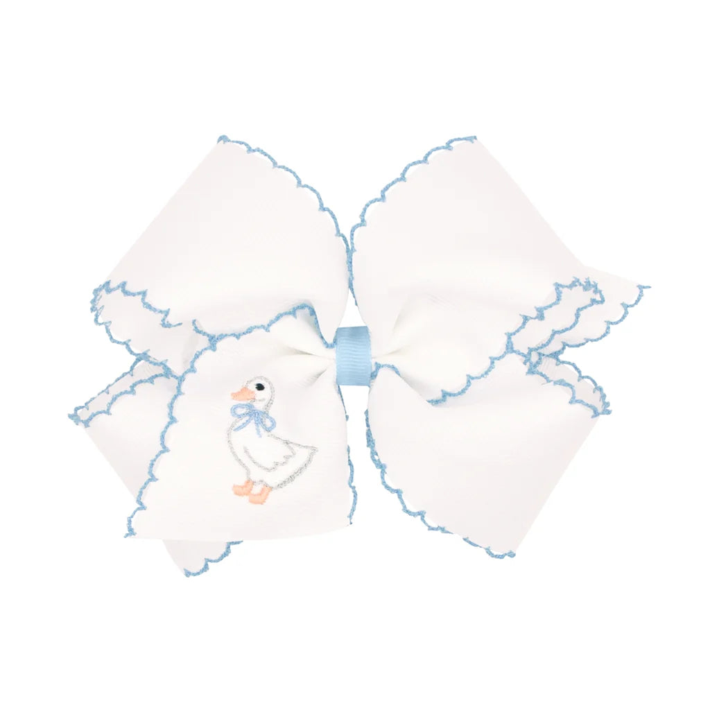 Medium Goose Embroidered Grosgrain Hair Bow with Light Blue Moonstitch Edge