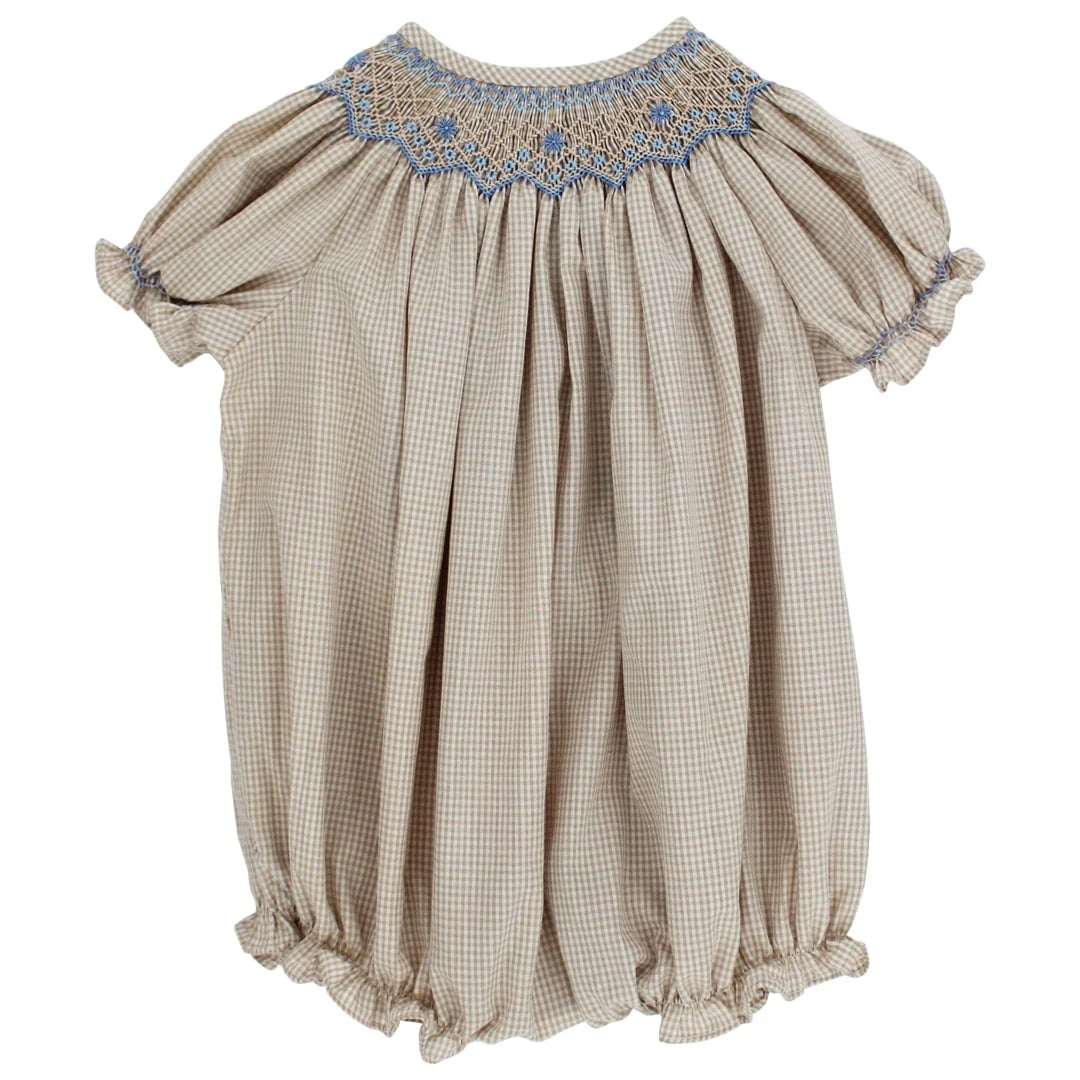 Khaki Check with Blue Floral- Bishop Short Romper