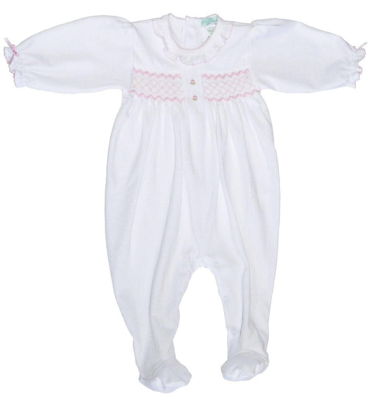 White Pima Cotton Smocked Baby Girl Footie with Ruffles
