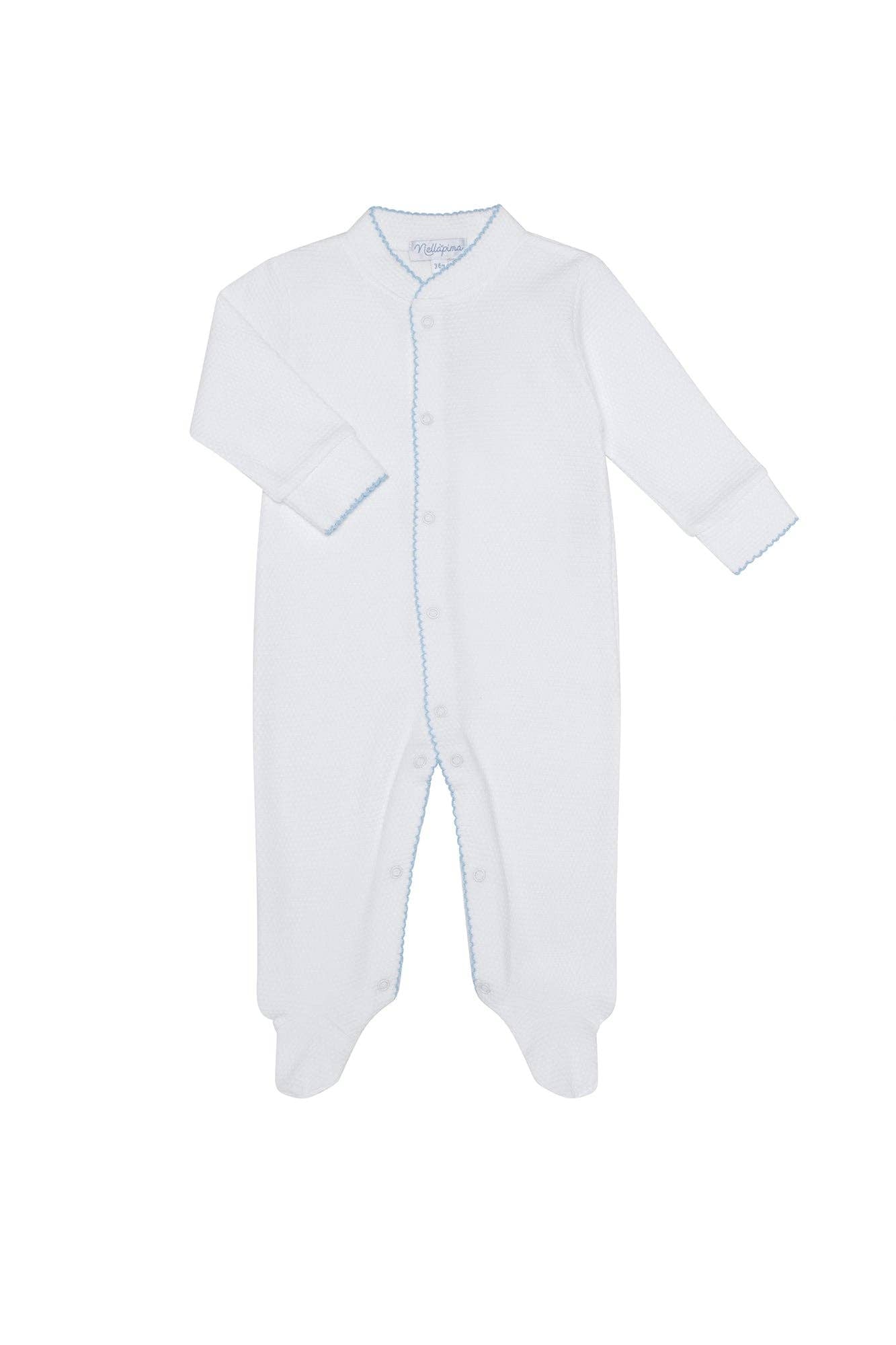 White Bubble Baby Footie: Pink Picot Trim