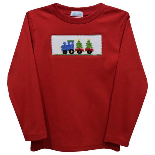 Christmas Train Smocked Red Long Sleeve Boys T-Shirt