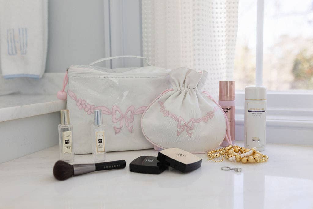 FLORAL BOW LARGE MAKEUP BAG: Pink