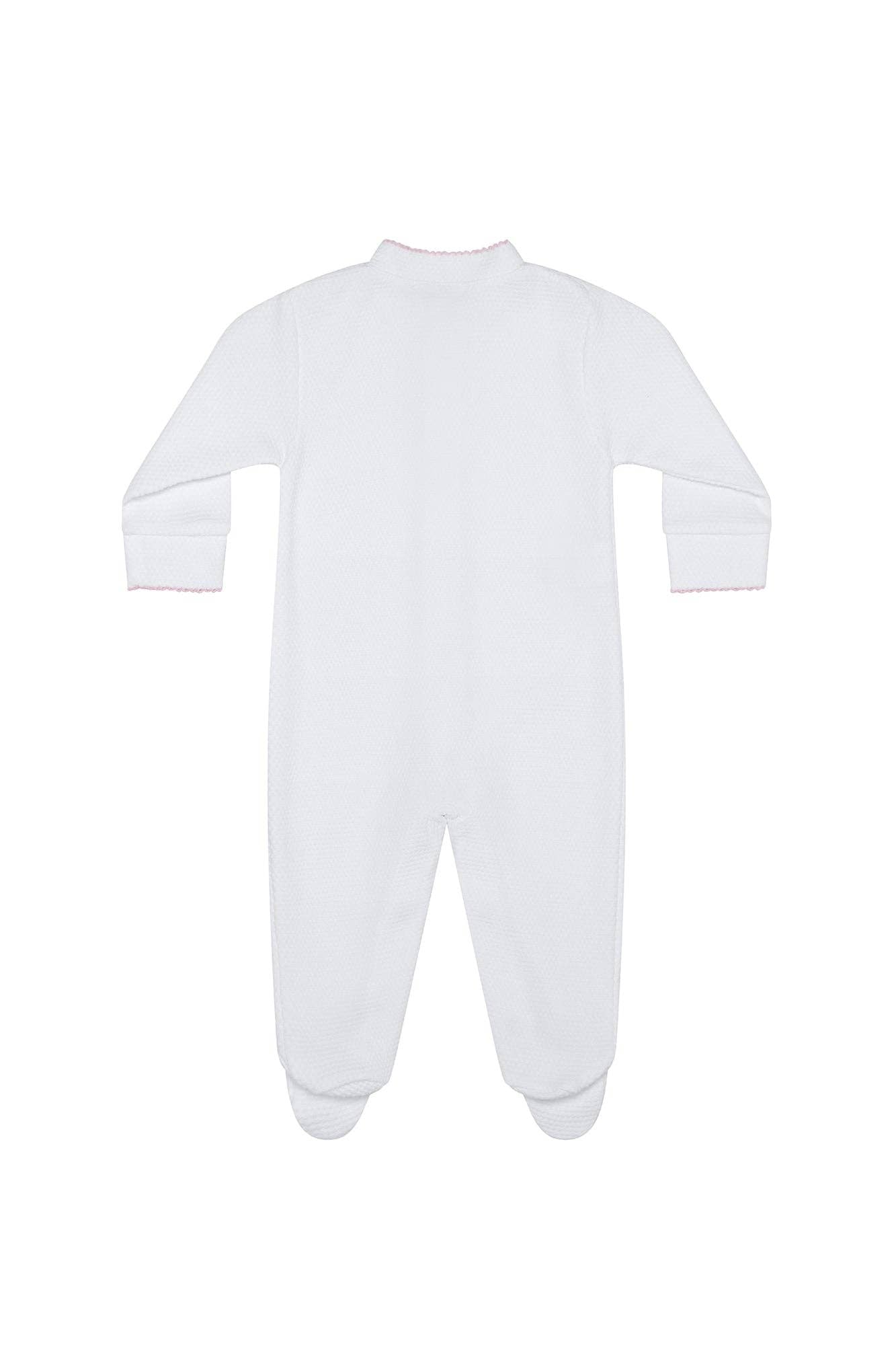 White Bubble Baby Footie: Pink Picot Trim
