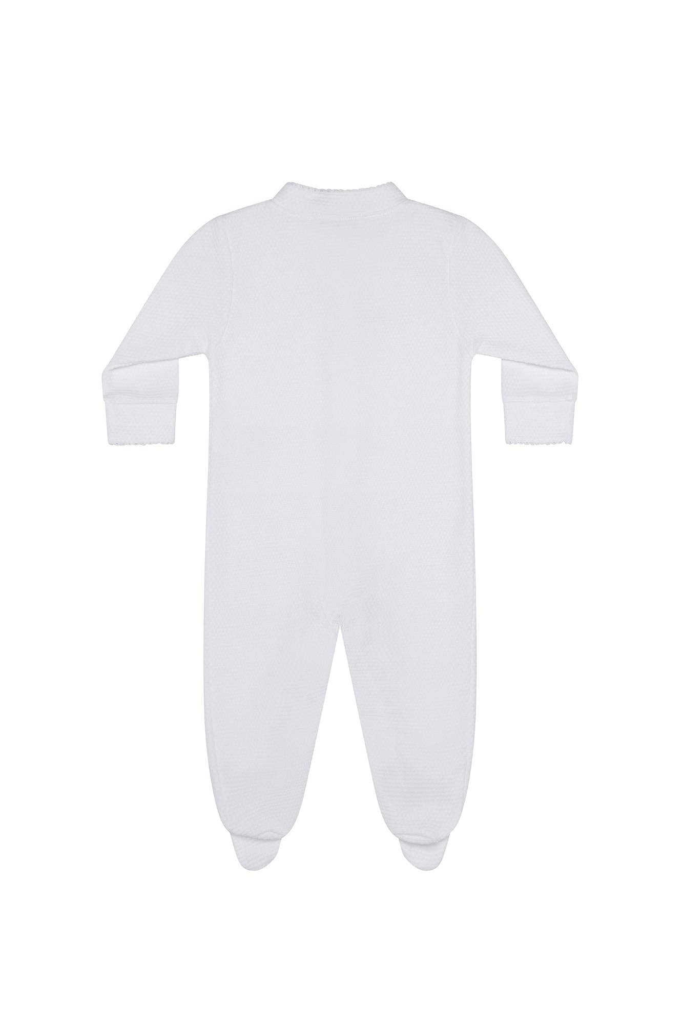 White Bubble Baby Footie: Pink Picot Trim