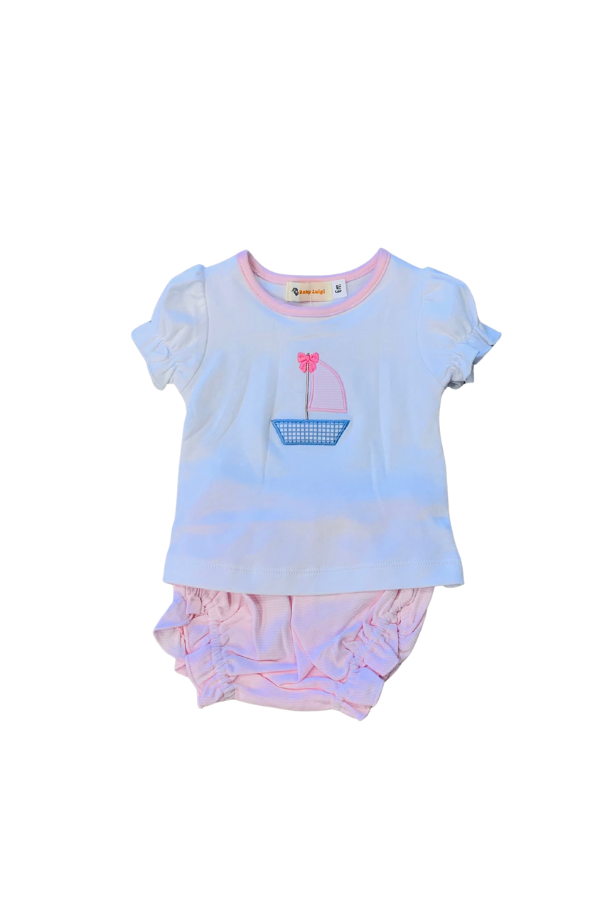Sailboat Applique Girl Short Sleeve Diaper Cover Set