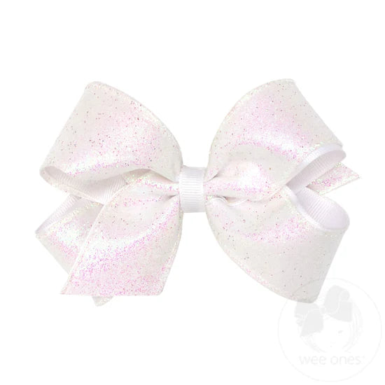 Medium Girls Glitter Overlay Bow - White