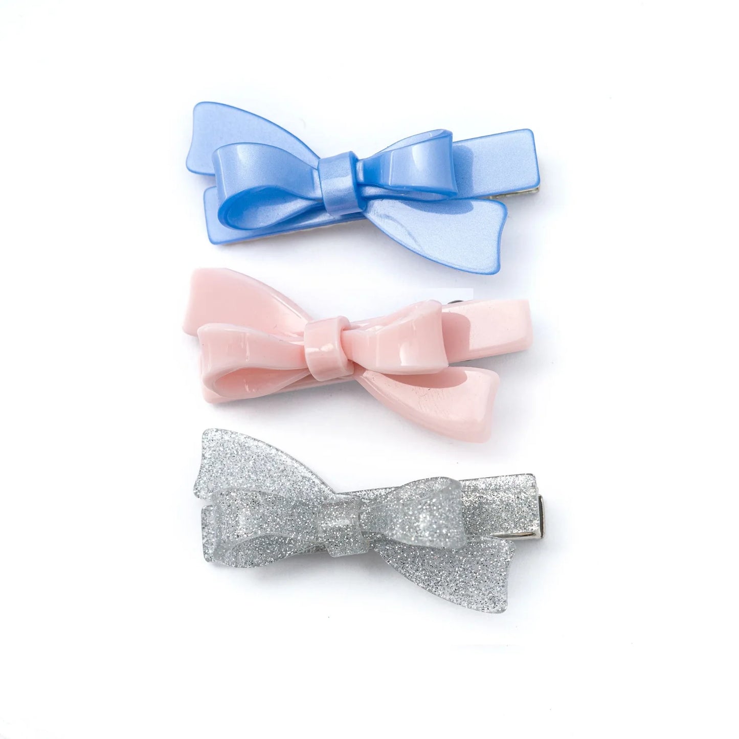 Bows Glitter Silver Satin Blue Trio Hair Clips