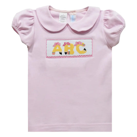 ABC School Smocked Pink Short Sleeve Peter Pan Collar Tee