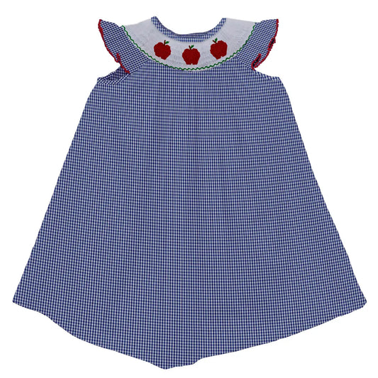 Apple Smocked Gingham Angel Wing Bishop Dress - Navy