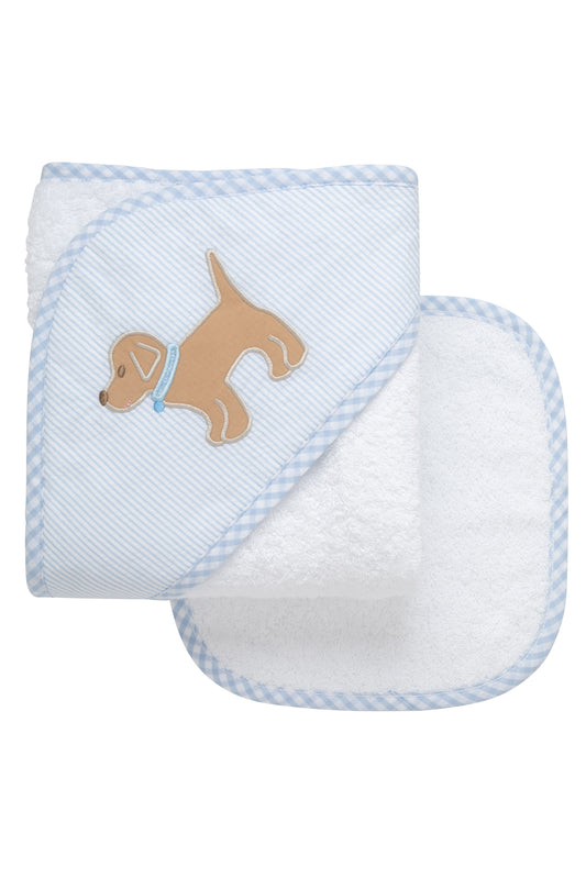 Applique Hooded Towel & WC Set - Blue Puppy