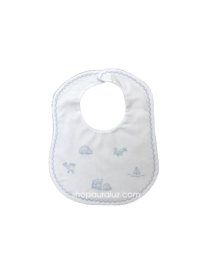 Bib- White with Blue Scallop Stitching and Transportation Embroidery