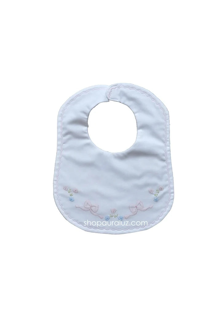 Bib- White with Pink Scallop Stitching and Embroidered Bows