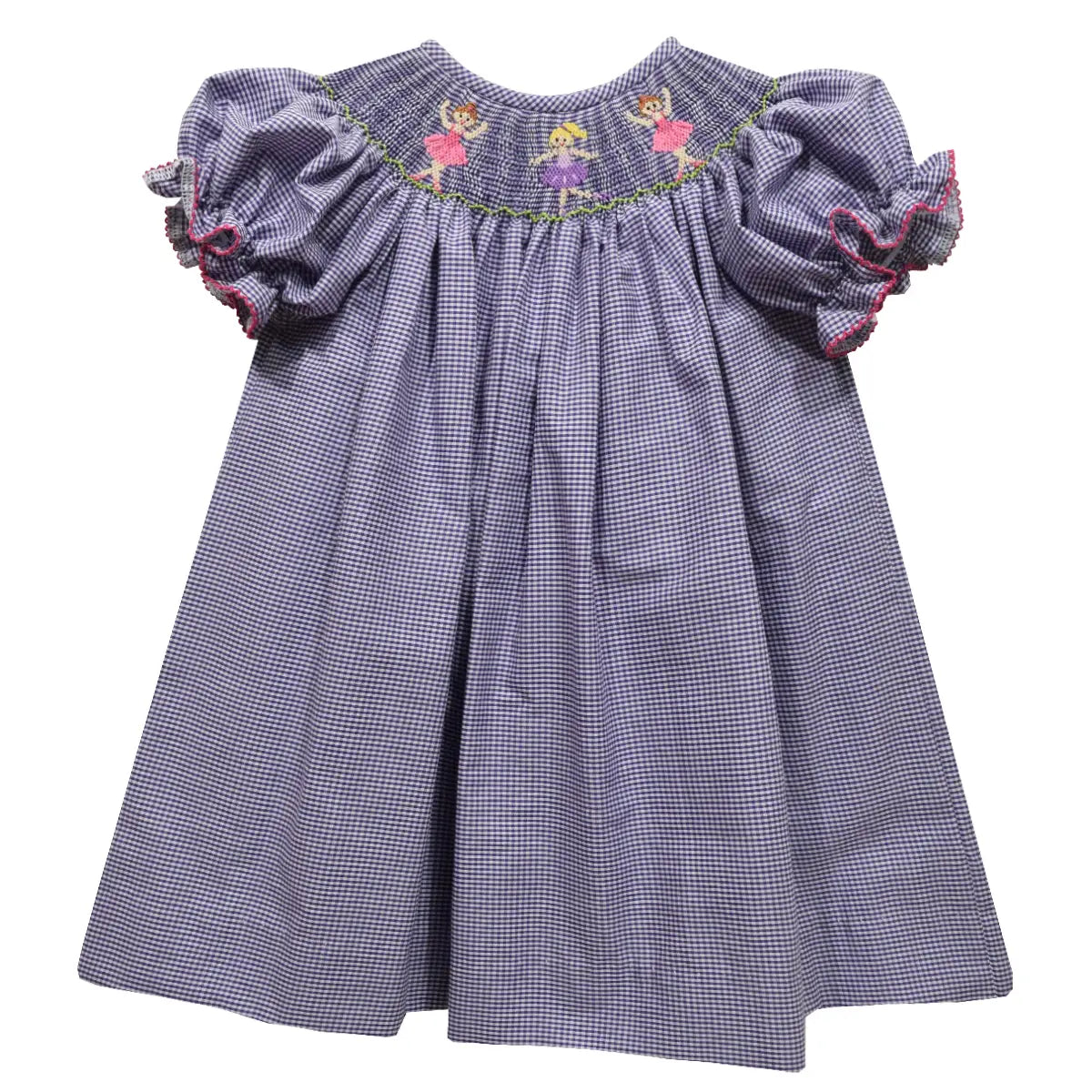 Ballerinas Smocked Purple Gingham Short Sleeve Girls Bishop Dress