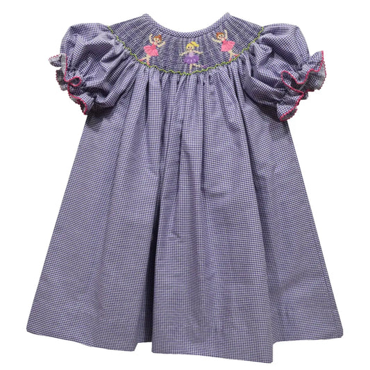 Ballerinas Smocked Purple Gingham Short Sleeve Girls Bishop Dress