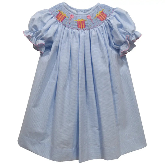 Birthday Smocked Light Blue Check Bishop Dress