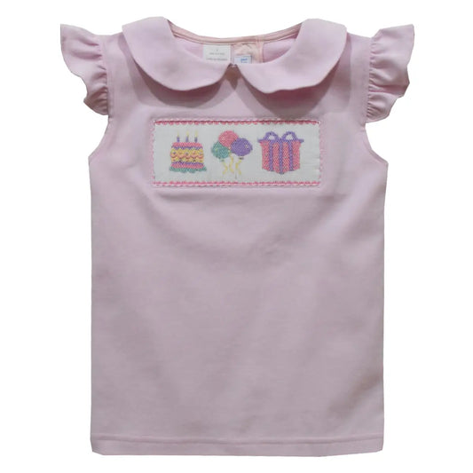 Birthday Smocked Light Pink Knit Tee Peter Pan Collar