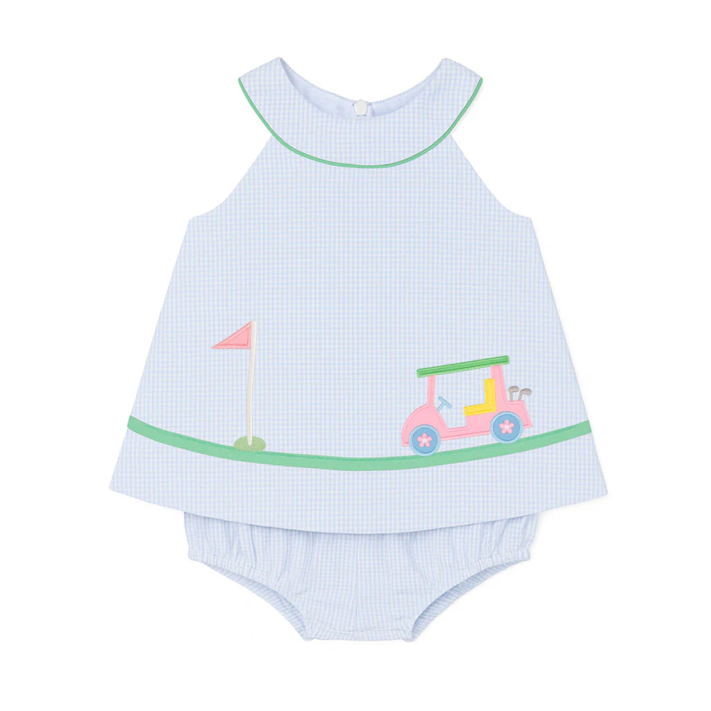 Check Seersucker Skirted Romper with Golf Cart