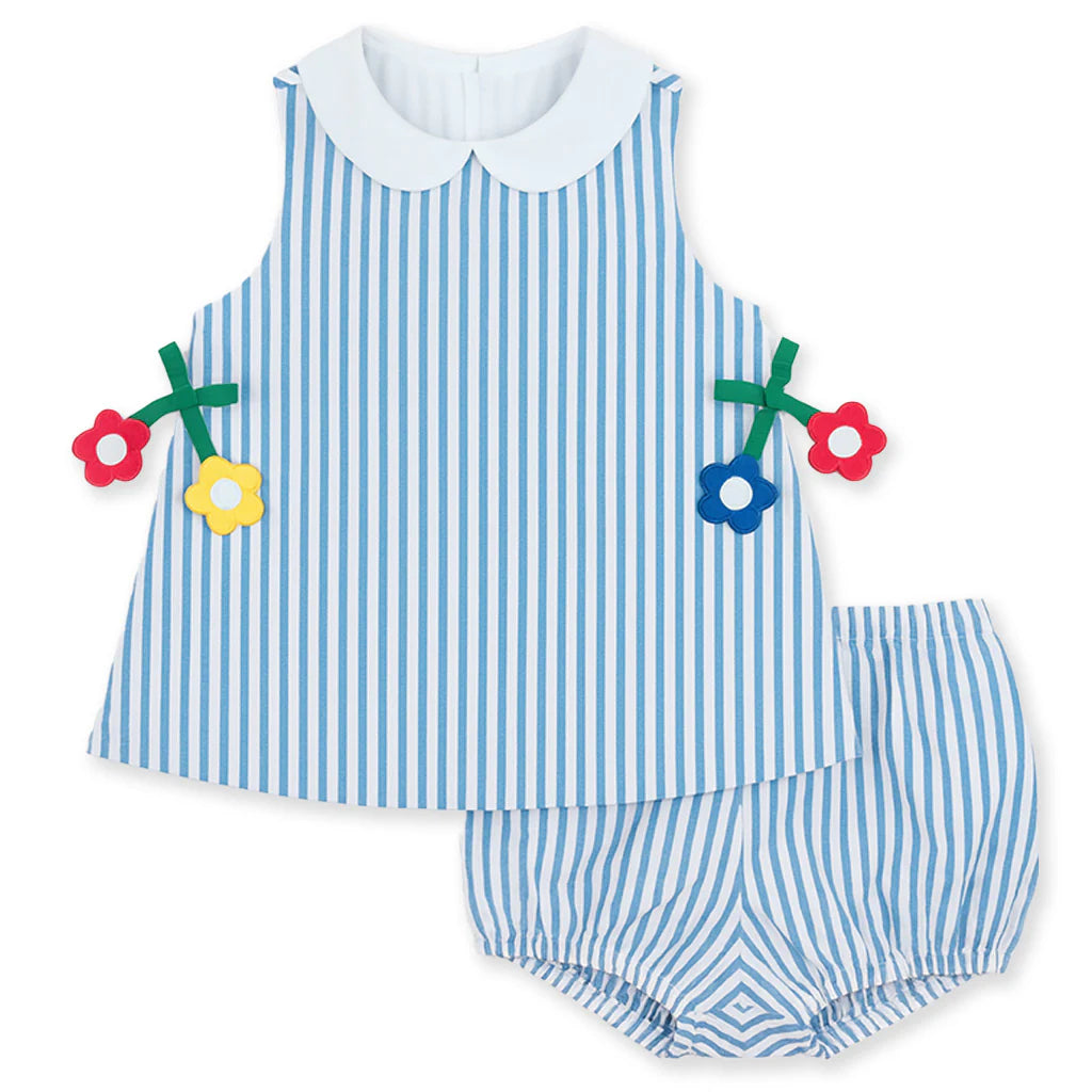 Seersucker Dress & Bloomer With Flowers