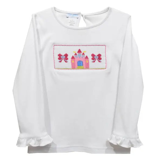 Castle Smocked White Knit Ruffle Long Sleeve Tee Shirt