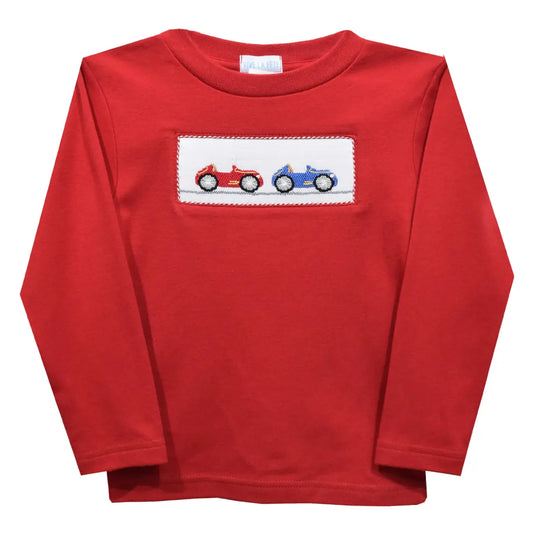 Classic Car Smocked Red Knit Long Sleeve Tee Shirt