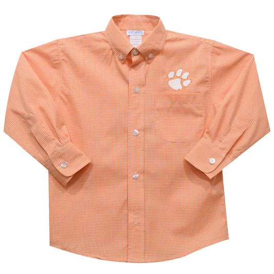 Clemson Embroidered Orange Gingham Long Sleeve Button Down