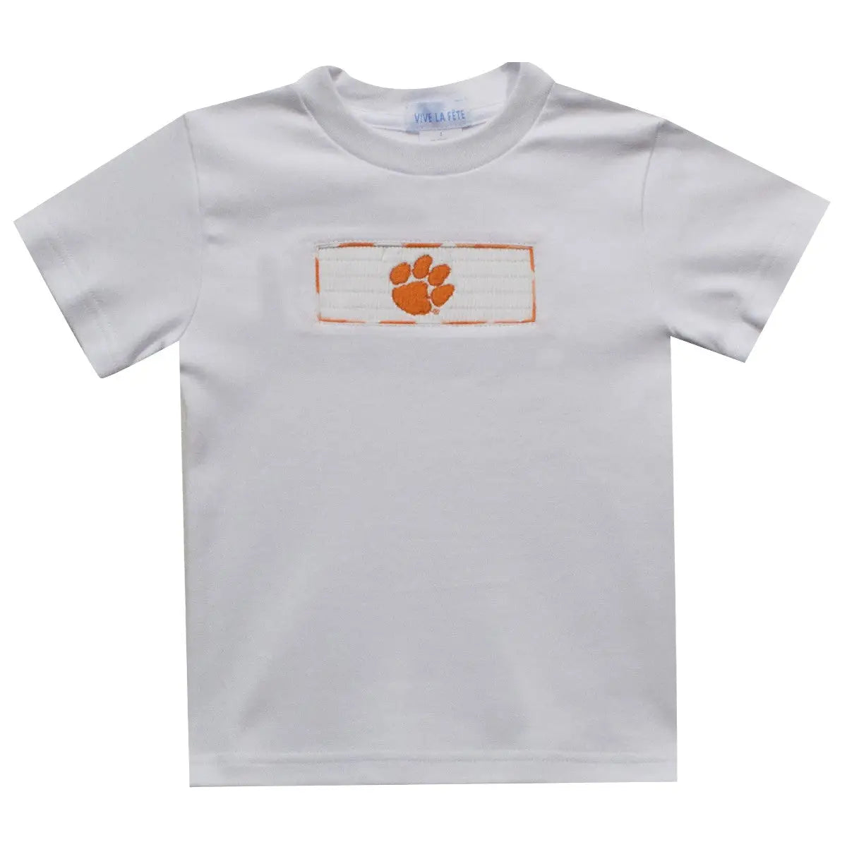 Clemson Smocked Embroidered White Knit Tee Shirt Short Sleeve