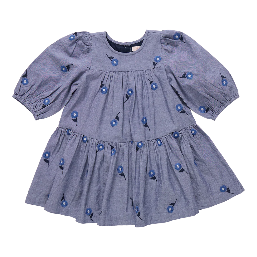 Girls Fiona Dress - Blue Blossom Embroidery