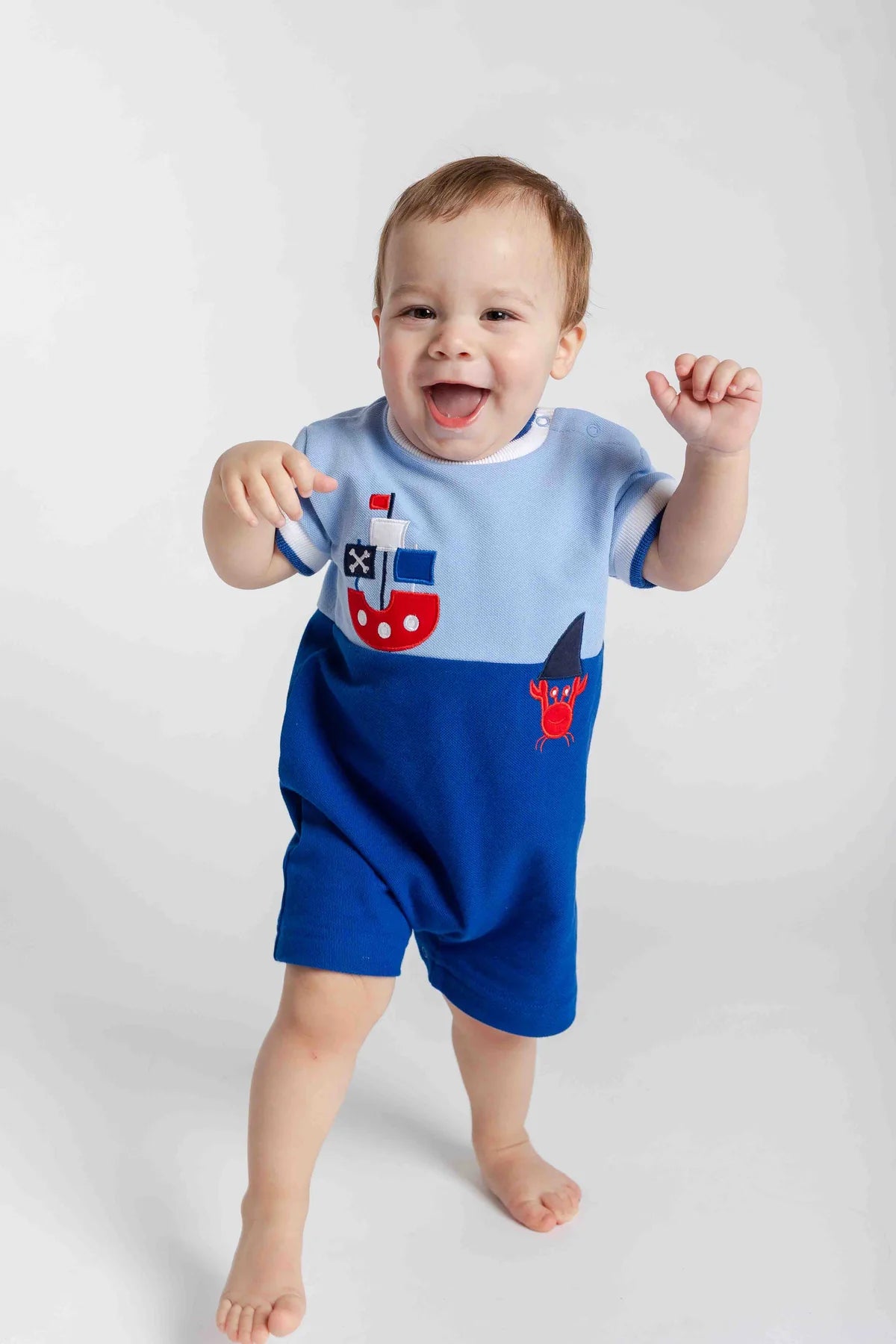 Stripe Knit Shortall With Pirate Ship & Crab