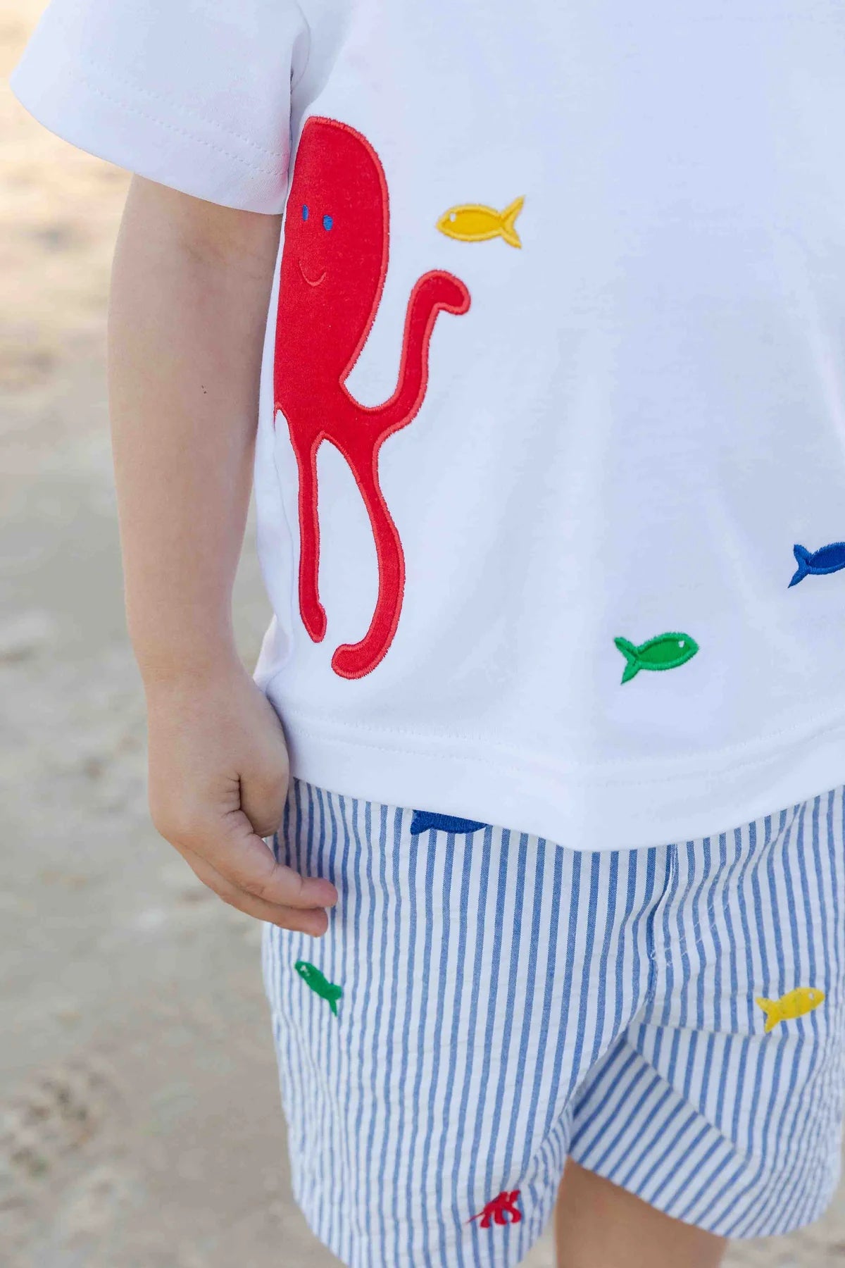 Seersucker Short With Embroidered Sea Creatures