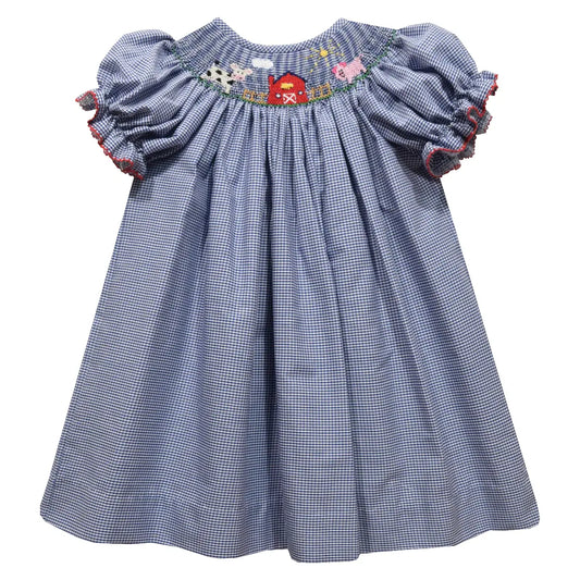 Farm Smocked Navy Gingham Short Sleeve Girls Bishop