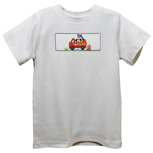 Firetruck Smocked White Knit Short Sleeve Boys T-Shirt