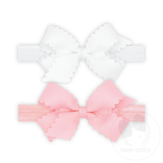 GIFT PACK! Two Mini Scallop Bows With Bands, White and Pink