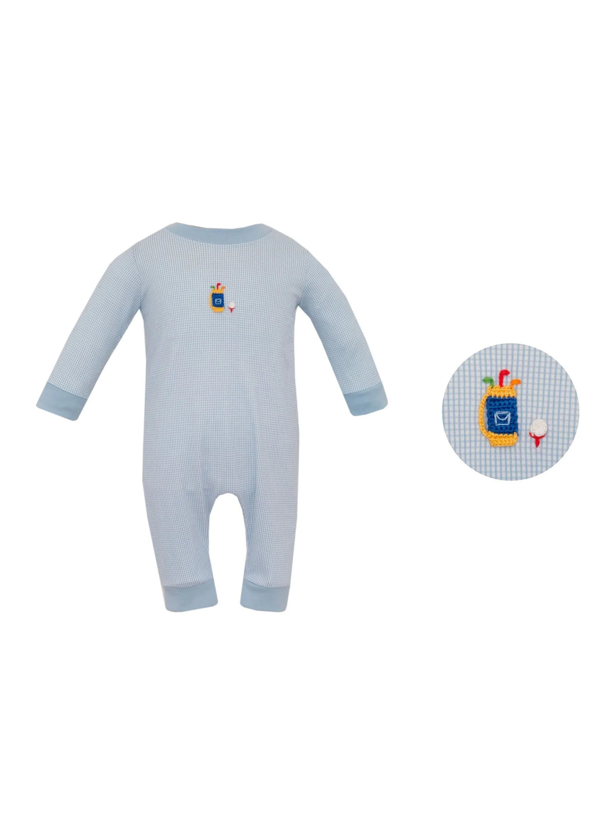 Golf-Blue Check Knit Boy's Long Sleeve Romper