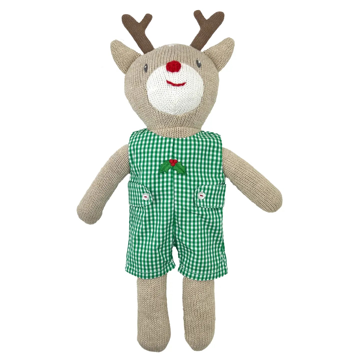 Knit Reindeer Doll with Green Check Romper, 14" Plush