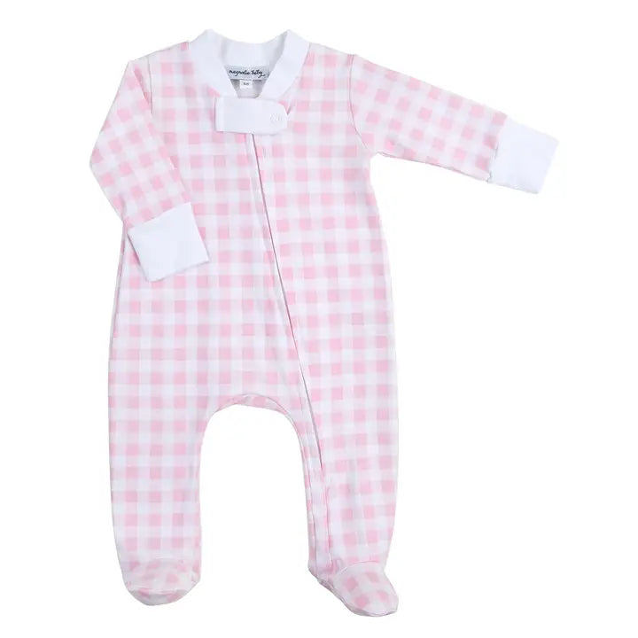 Baby Checks Zip Footie- Pink