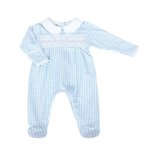 Mini Checks Smocked Footie- Blue