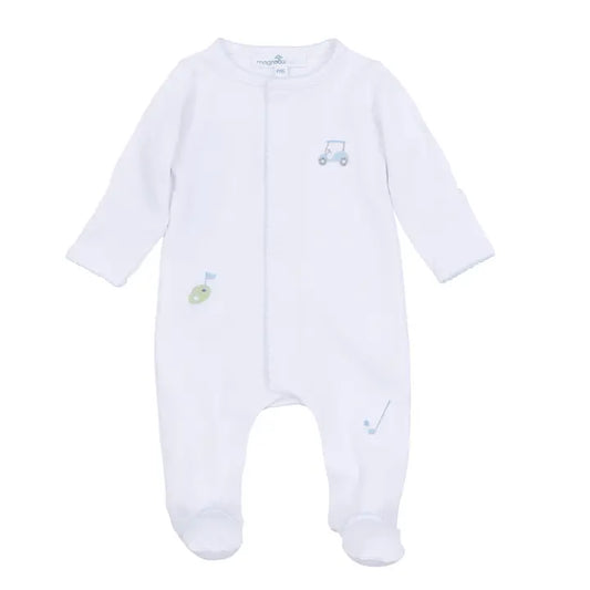 Tiny Tee Time Embroidered Footie- Light Blue