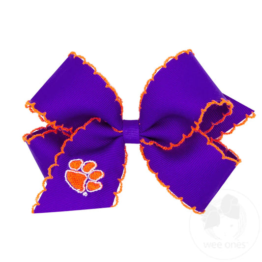 Medium Grosgrain Hair Bow with Moonstitch Edge and Embroidered Collegiate Logo, Clemson
