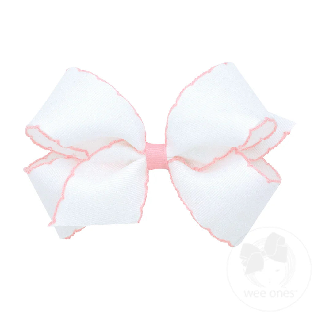 Medium Moonstitch Grosgrain Hair Bow with Contrasting Wrap, White with Pink