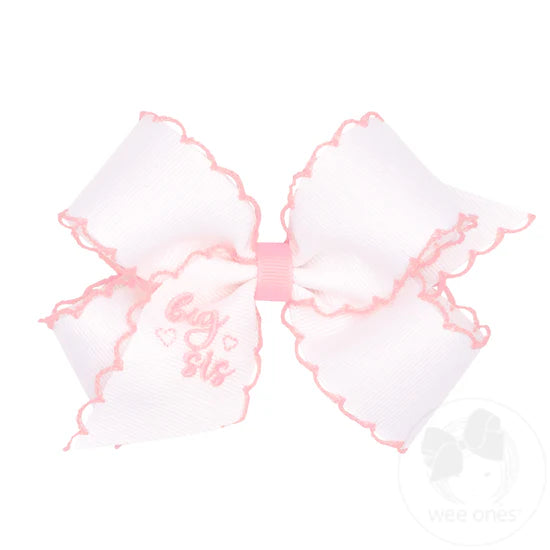 Medium "Big Sis" Embroidered Grosgrain Hair Bow with Light Pink Moonstitch Edge