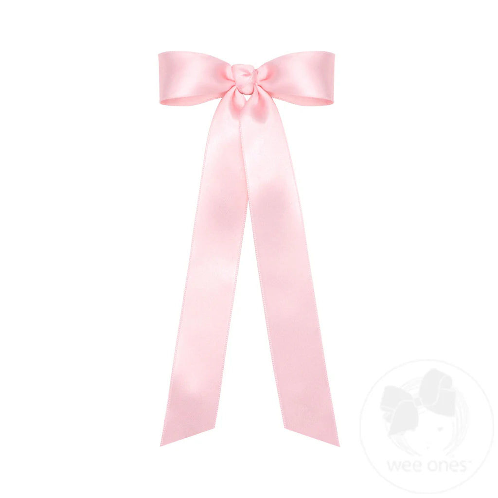 Mini French Satin Hair Bowtie with Knot Wrap and Streamer Tails, Light Pink