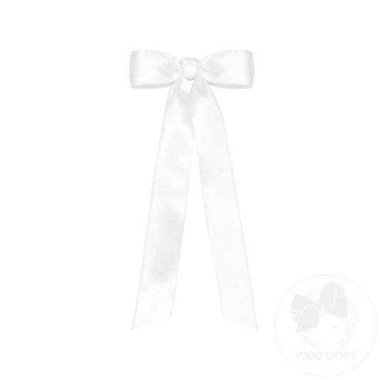 Mini French Satin Hair Bowtie with Knot Wrap and Streamer Tails, White