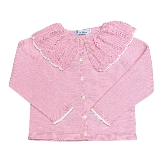 Ruffle Neck Cardigan - Peony Pink and White