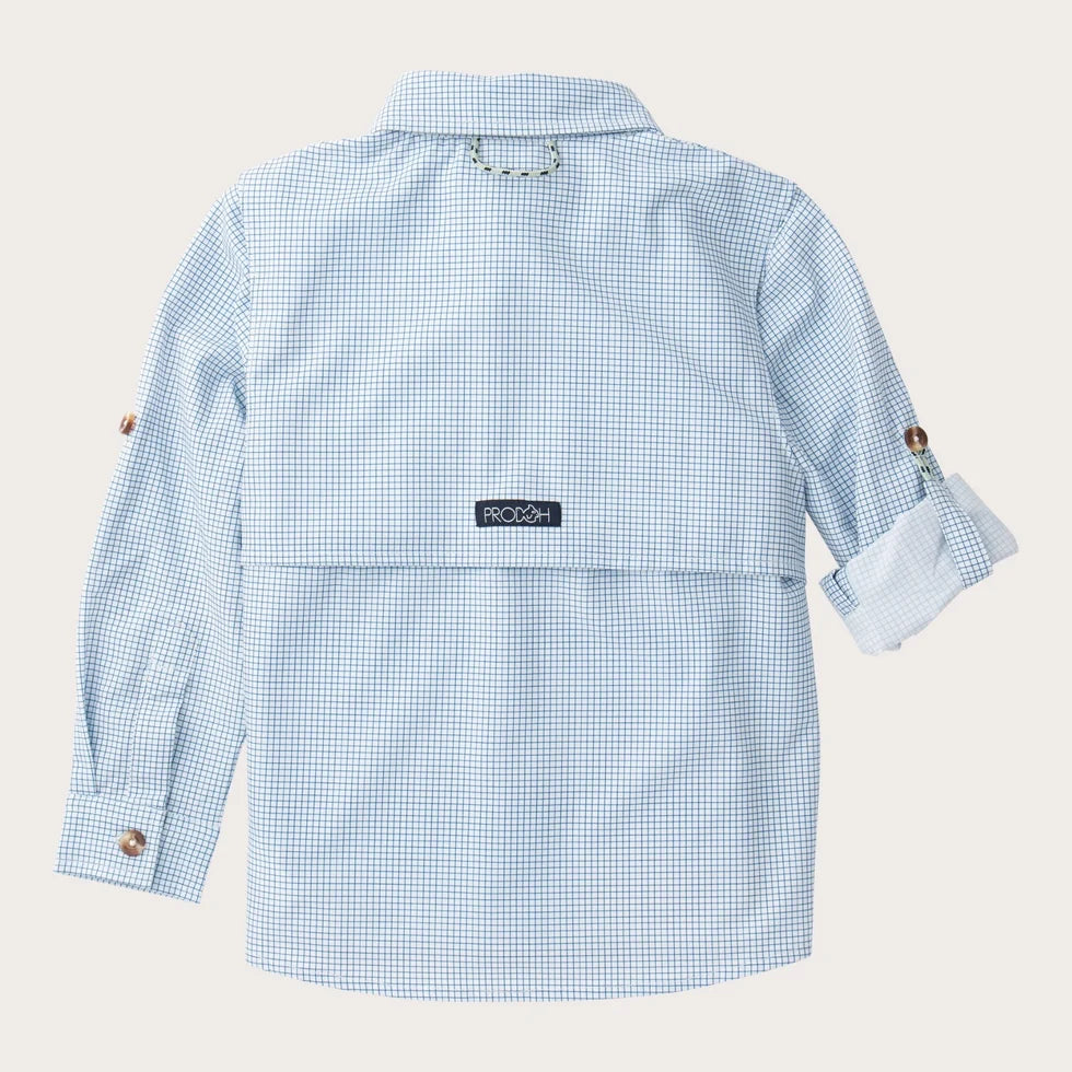 Long Sleeve Founders Kids Fishing Shirt- Navy Blue Peony Surfside Plaid