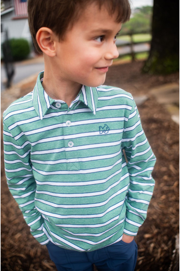 Long Sleeve Pro Performance Polo - Frosty Spruce Dark Denim Stripe