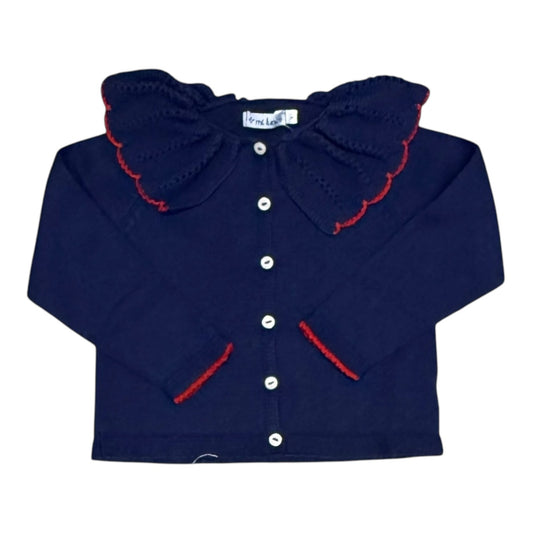 Ruffle Neck Cardigan - Navy and Red