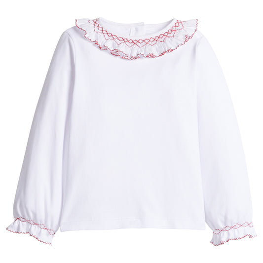 Smocked Madeline Blouse - White with Red