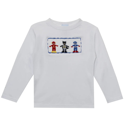 Super Hero Smocked White Long Sleeve Boys T-Shirt